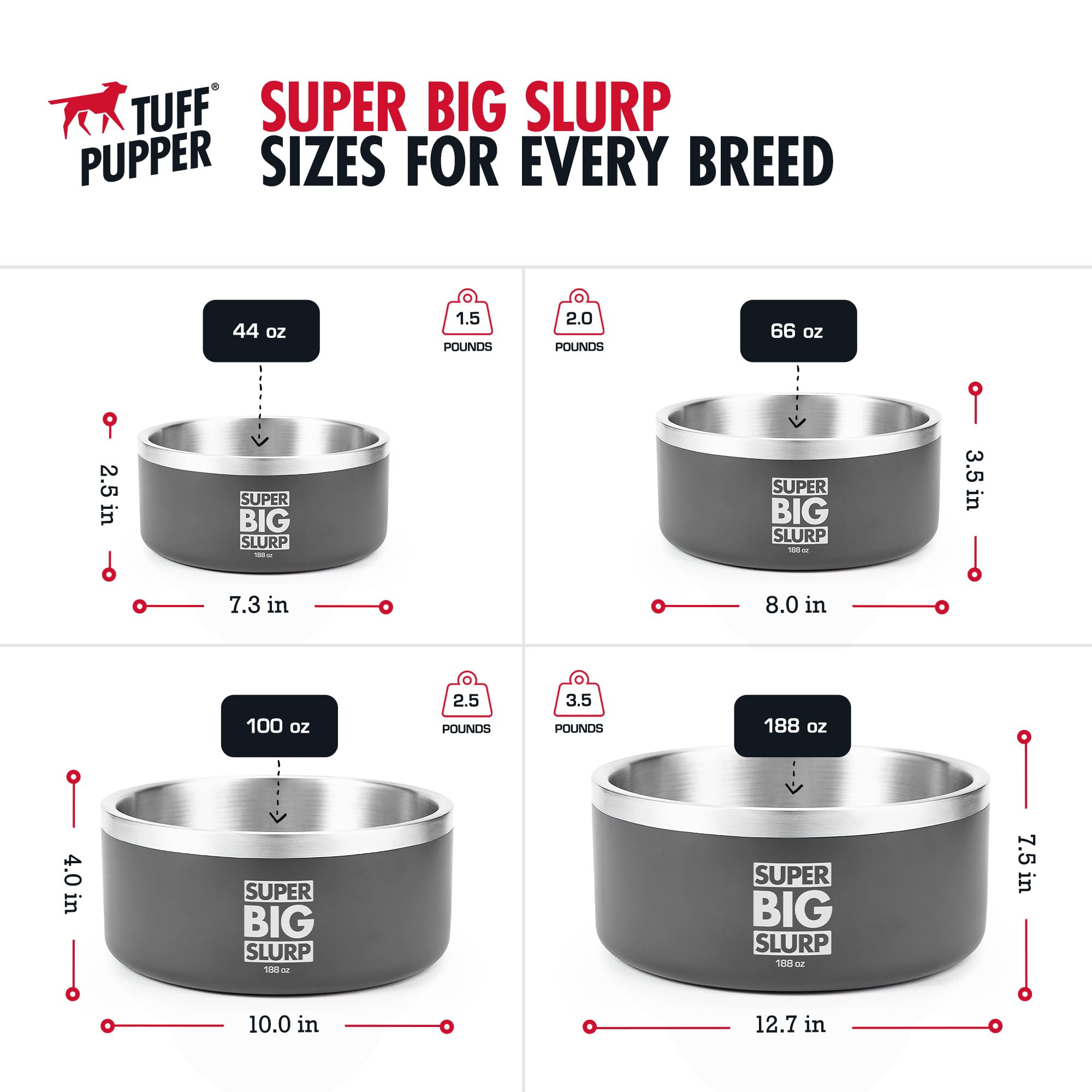 Acero inoxidable 18/8 de Tuff Pupper para uso diario.