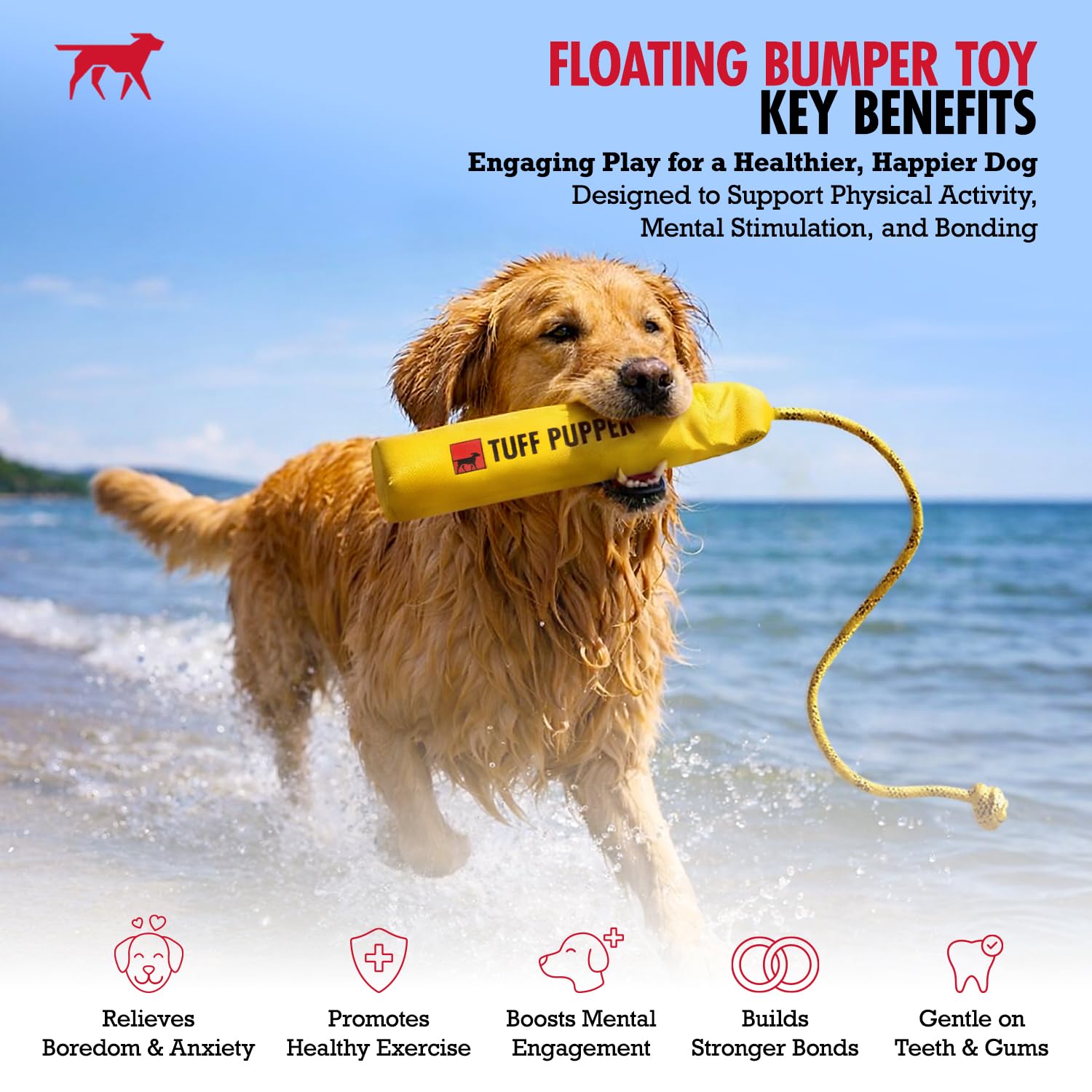 Tuff Pupper Bumper con exterior durable, resiste rocas y arena para juego sostenido.