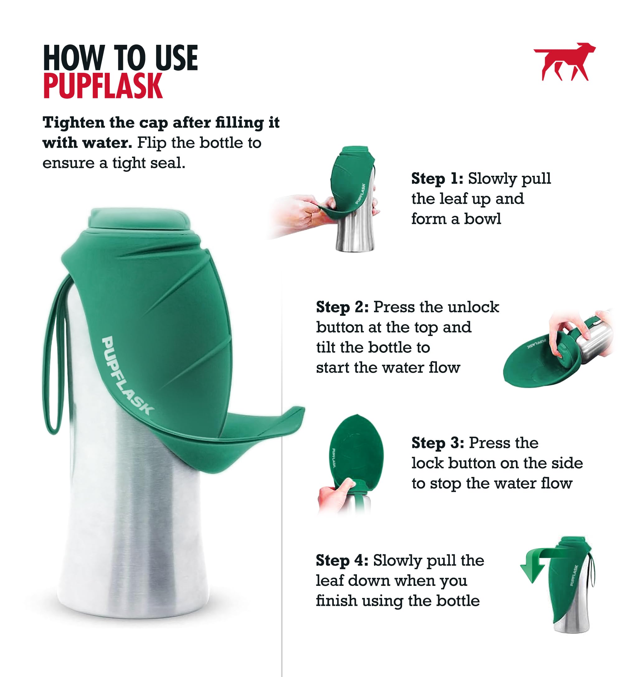 PupFlask dispensador de agua portátil para paseos y aventuras.