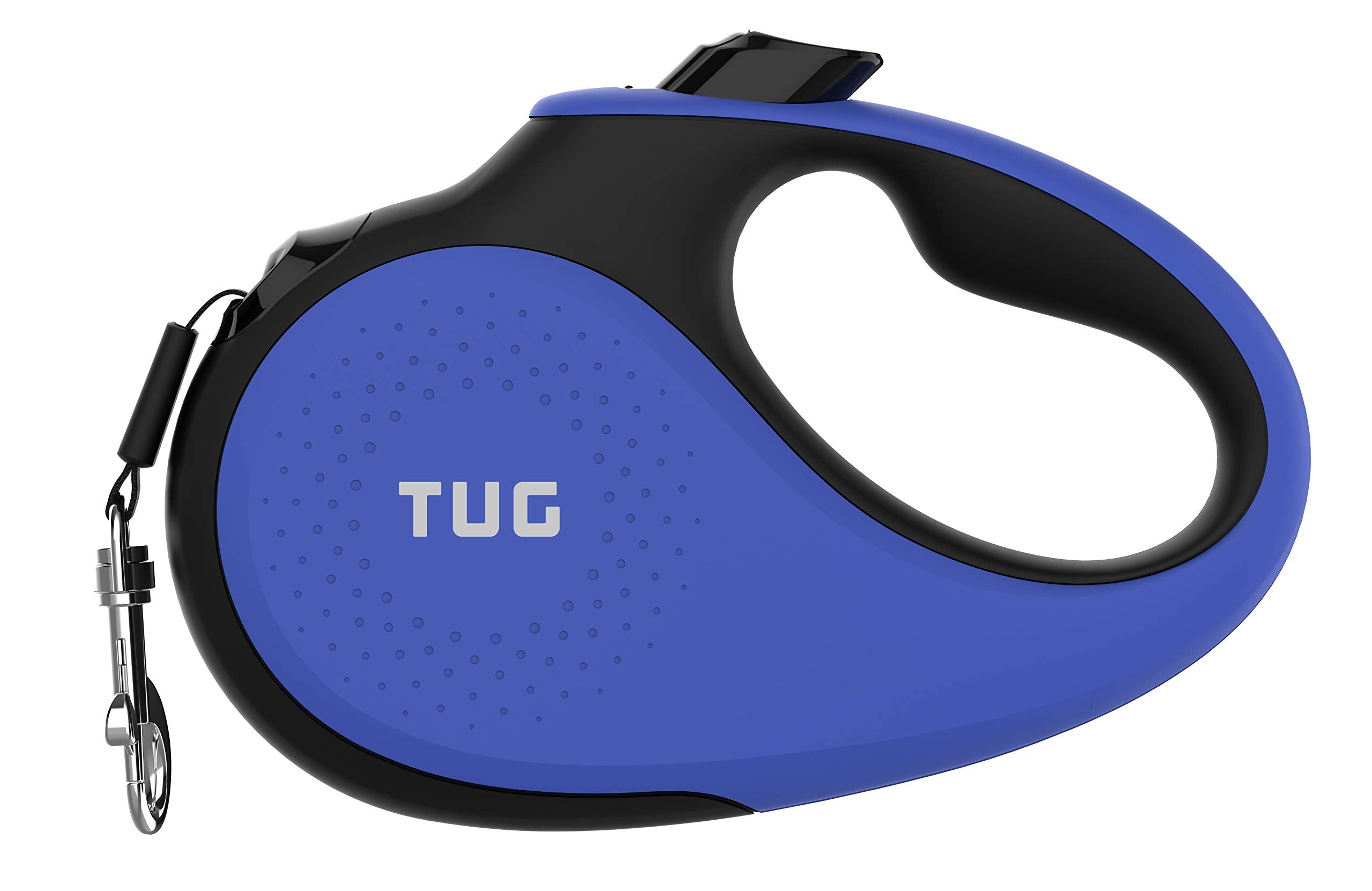 TUG correa retráctil 360° para perros con mango ergonómico antideslizante.
