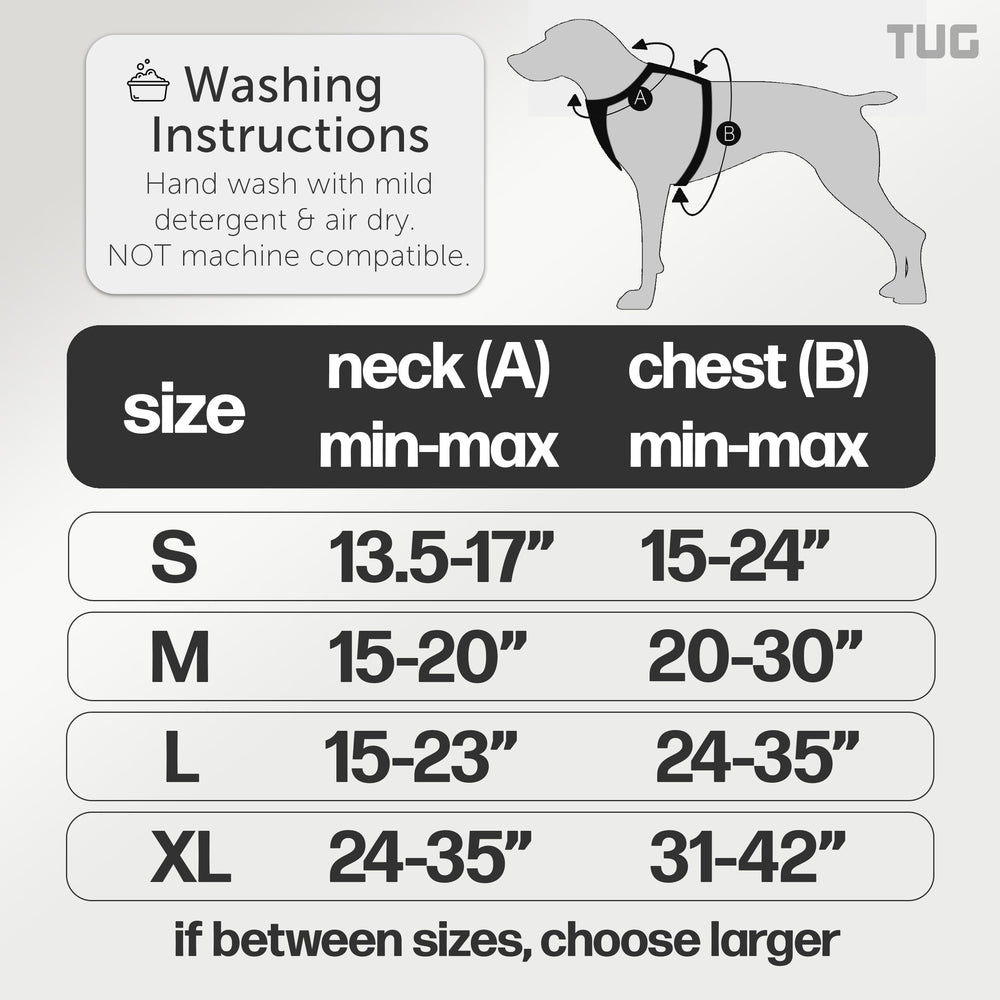 TUG Grab Dog Harness con ajuste de 4 puntos, se adapta a diferentes tallas.