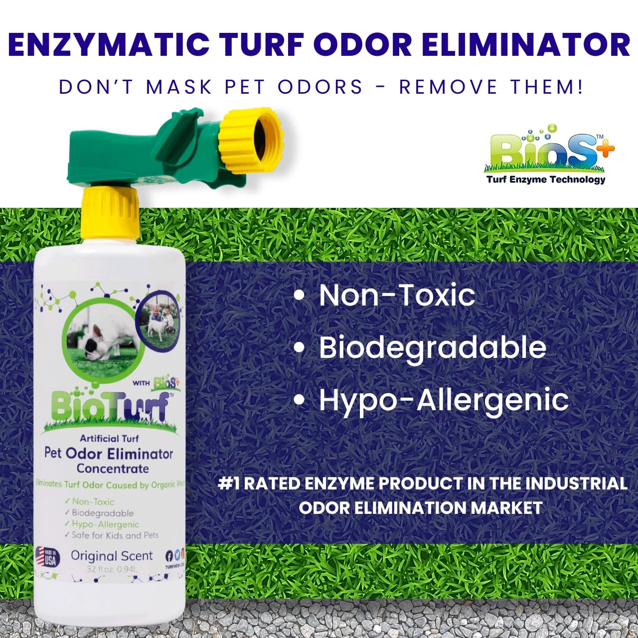 BioS+ TurFresh dosificador con manguera para aplicación rápida en áreas exteriores.
