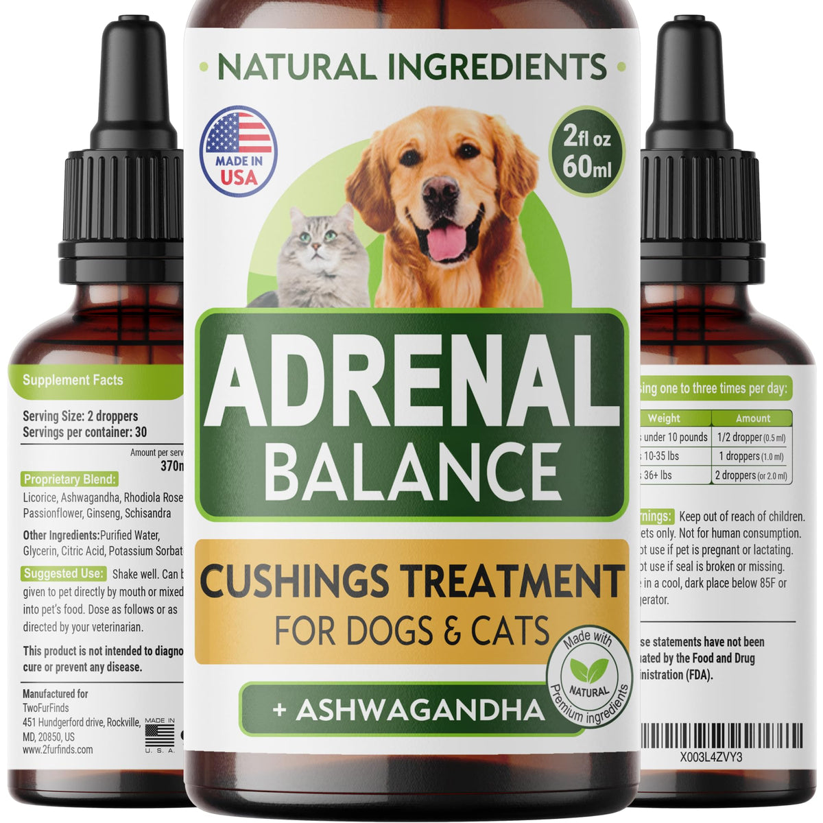 TwoFurFinds Adrenal Balance en botella gotas, fácil administración para mascotas.