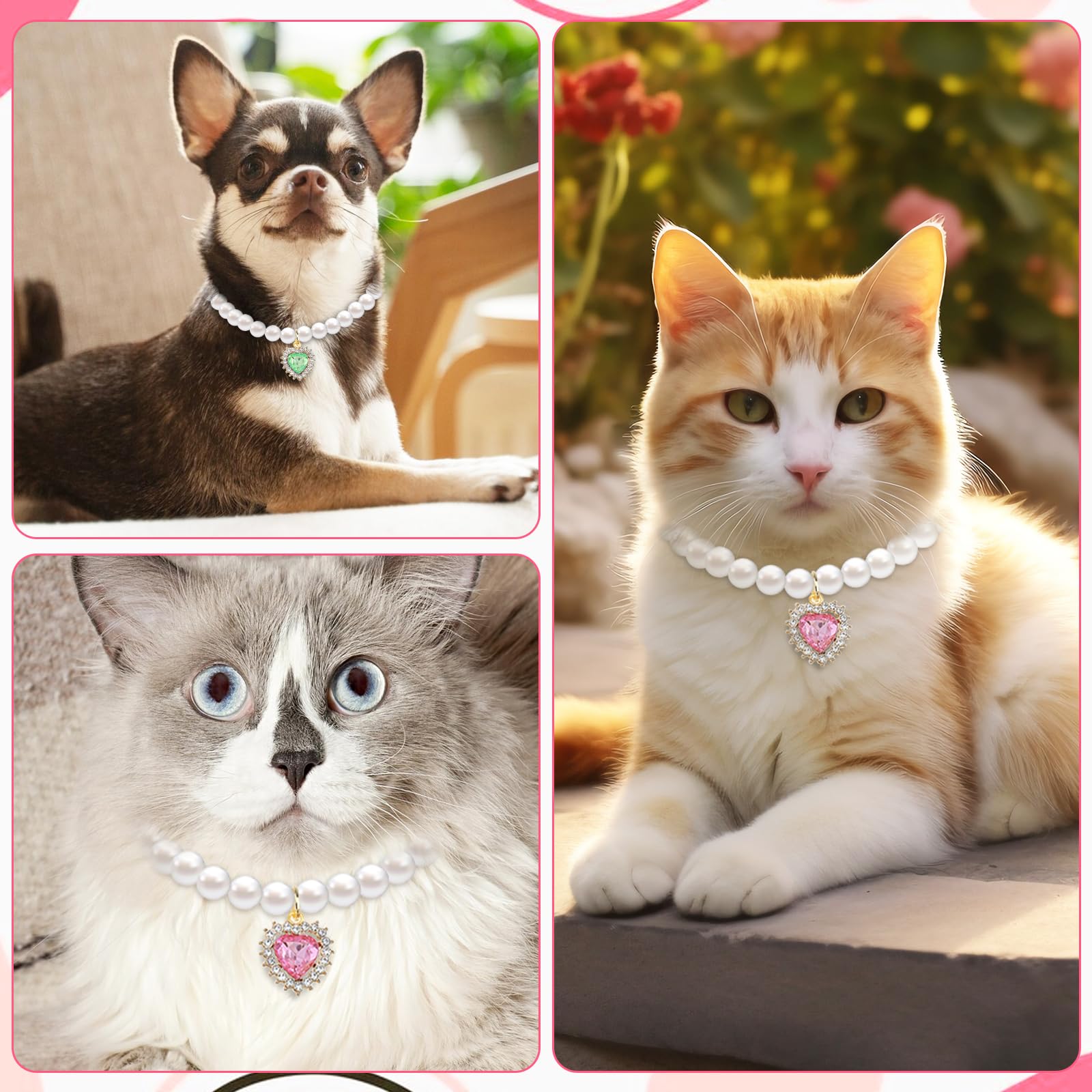 Tyqour collar con perlas y corazón verde, opción versátil para su mascota.