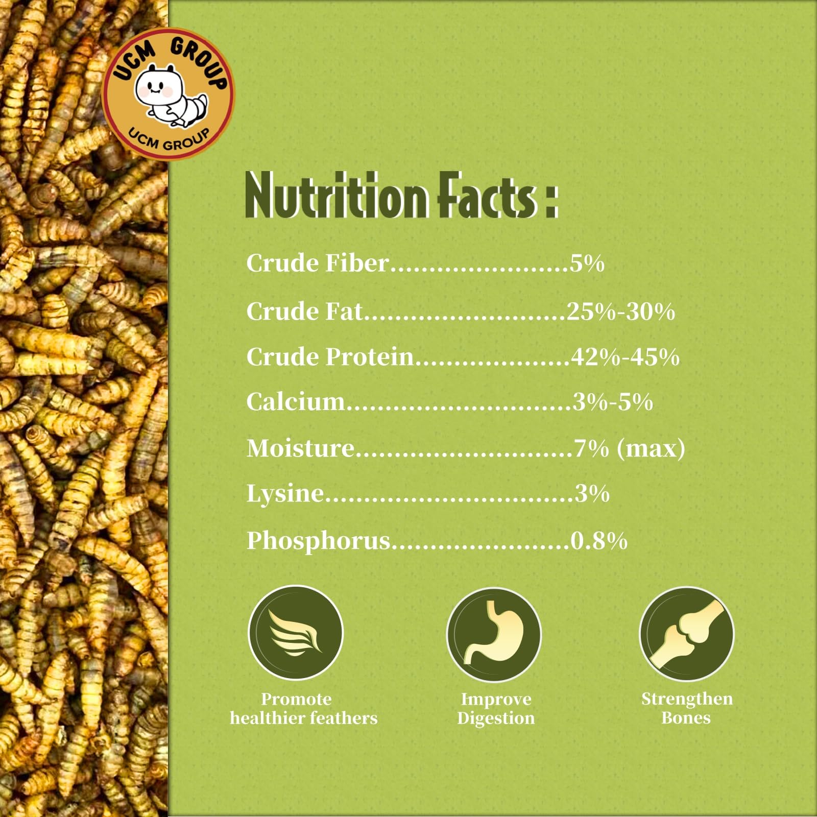 UCM Group 5lb larvas mosca soldado negra, alto calcio y proteína para nutrición.
