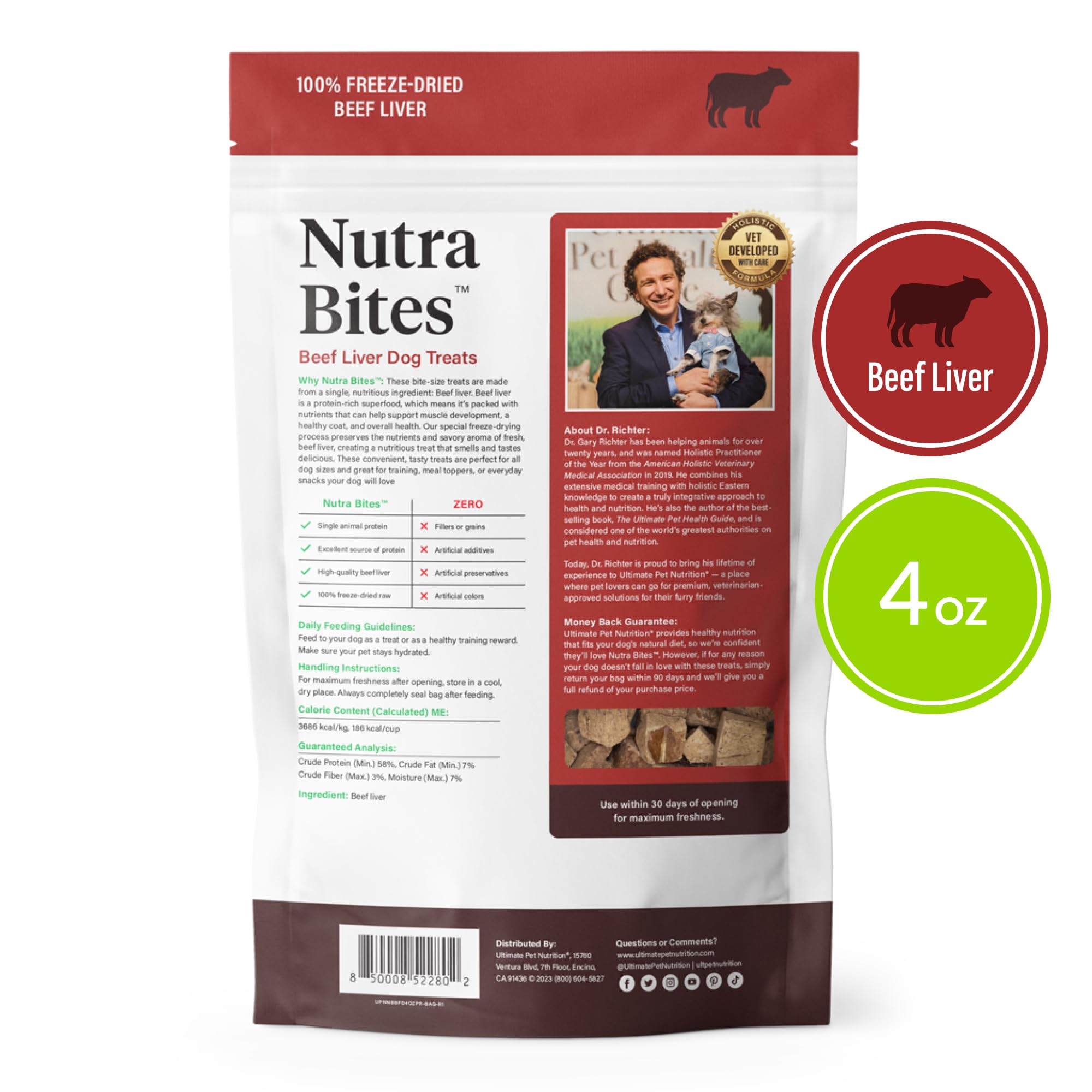 Nutra Bites de Ultimate Pet Nutrition: envase de 4 onzas para snacks prácticos.