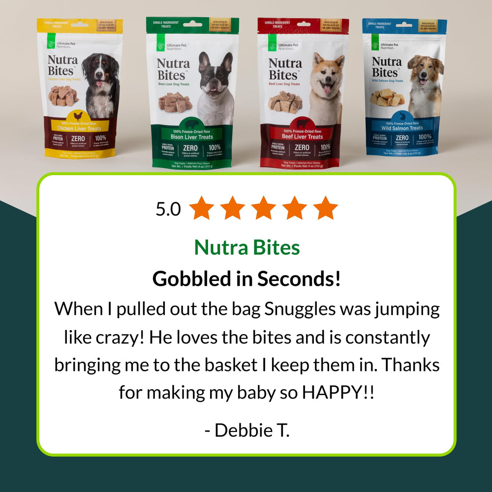 Nutra Bites de Ultimate Pet Nutrition: ideal como topper diario sobre su comida.