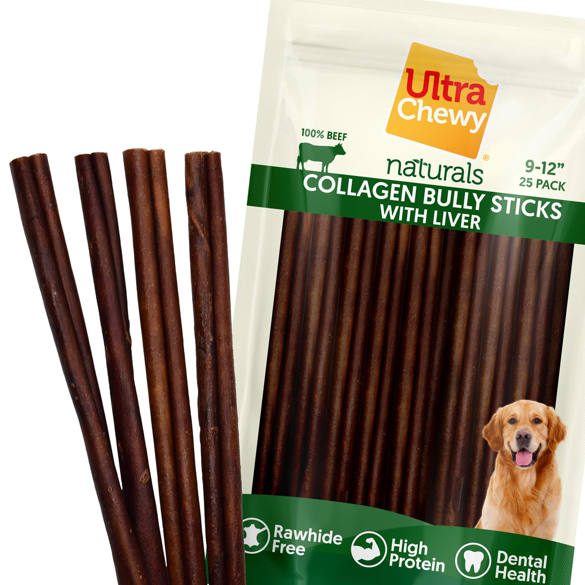 Ultra Chewy Bastones de Colágeno: paquete de 25, masticables naturales sin olor para perros activos.