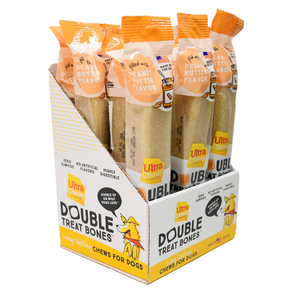 Ultra Chewy huesos doble tratamiento con cacahuete, paquete de 12 para perros.