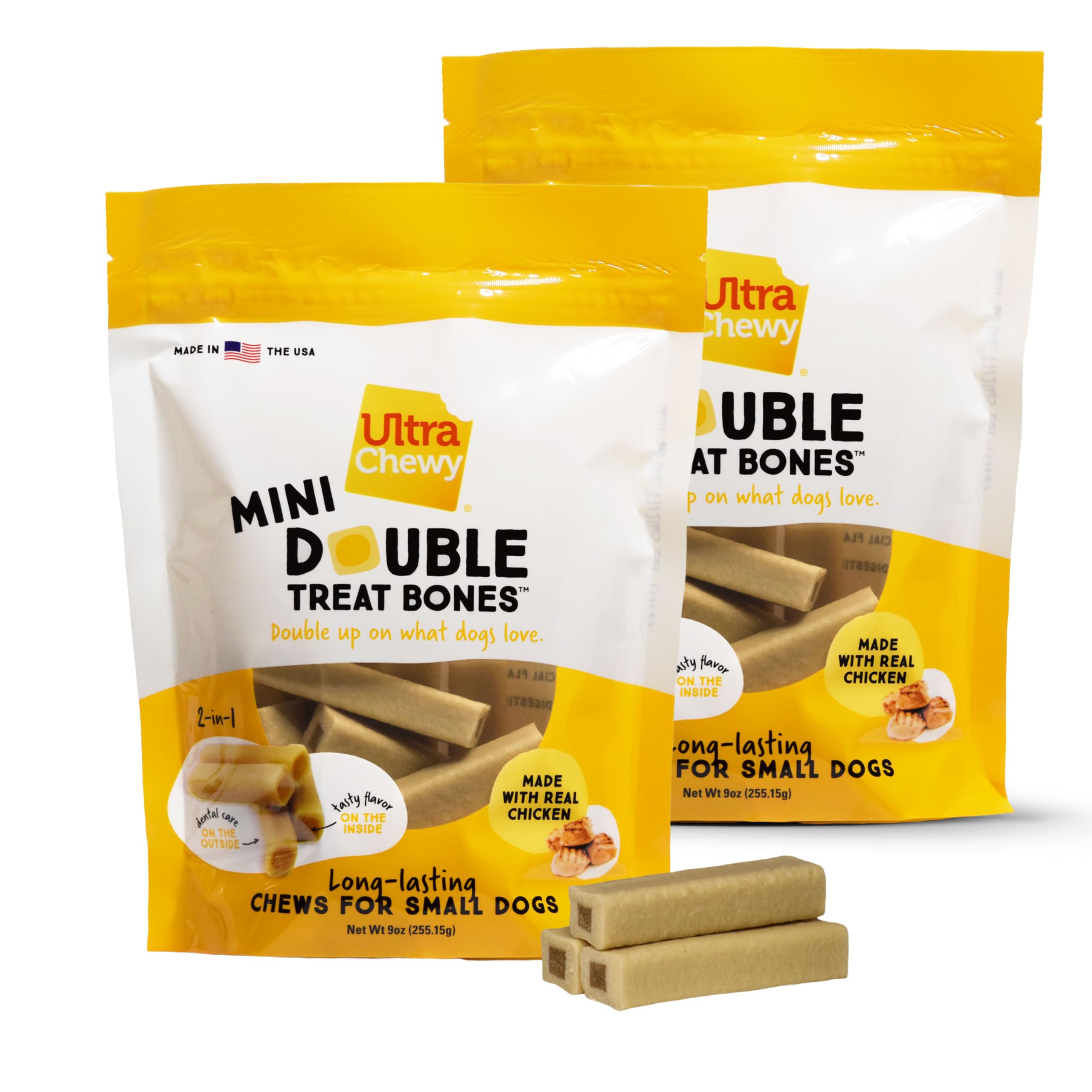 Ultra Chewy Mini Double Treat Bones capa externa dura para morder más tiempo
