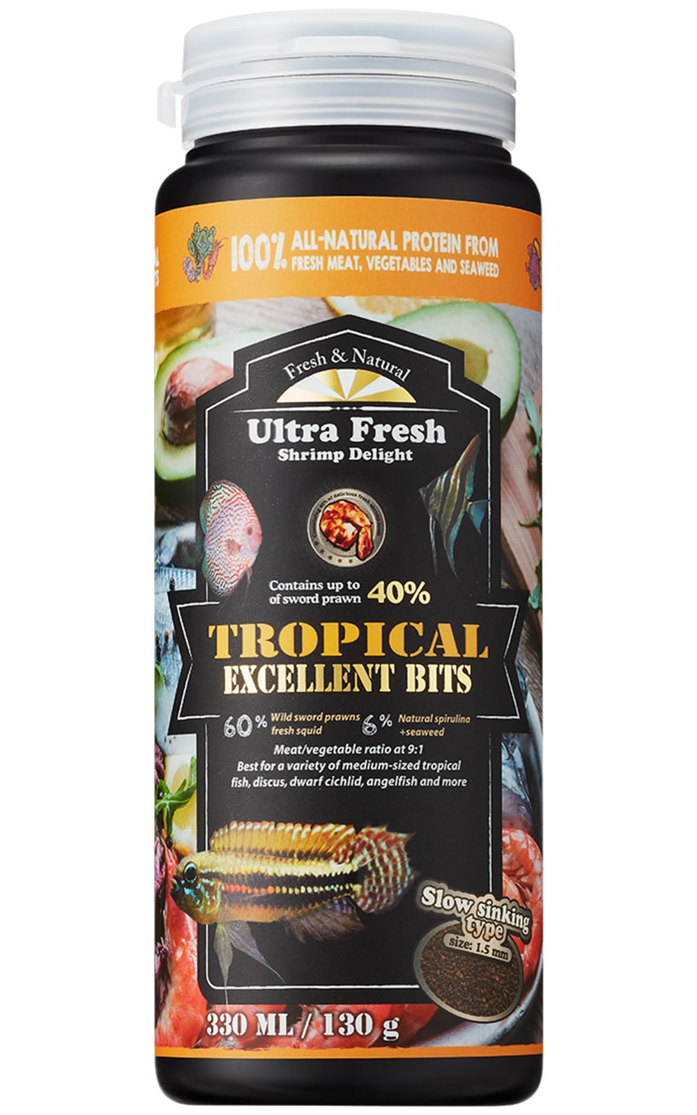 Ultra Fresh alimento para pez tropical con camarón espada salvaje, sabor equilibrado.