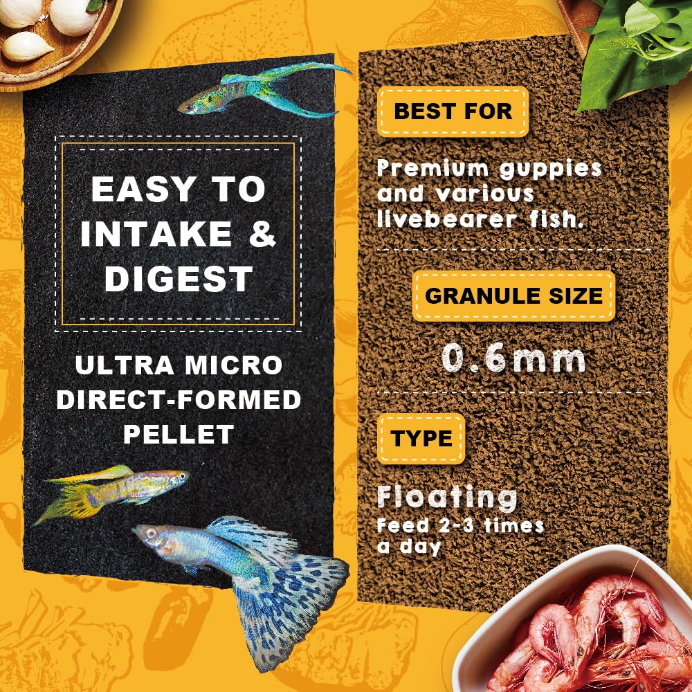 Alimento Ultra Fresh Apex Guppy: reishi y spirulina para nutrición balanceada.