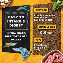 Alimento Ultra Fresh Apex Guppy: reishi y spirulina para nutrición balanceada.