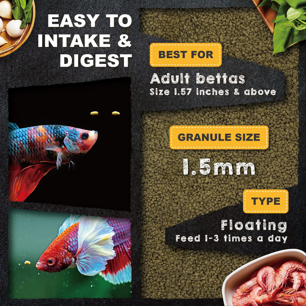 Ultra Fresh Betta Patty tamaño de grano 1.5 mm, fácil de comer para bettas adultos.