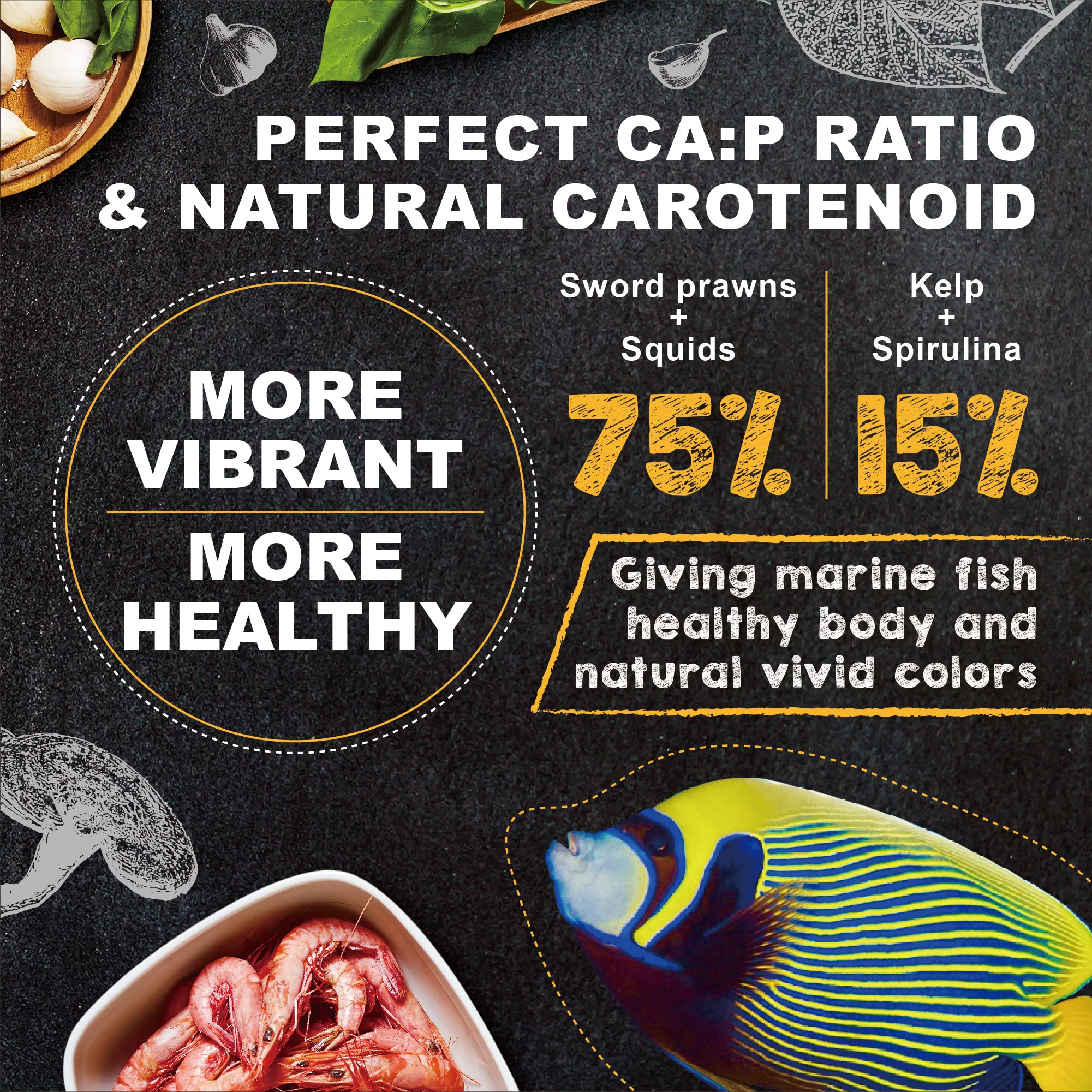 Ultra Fresh ingredientes seleccionados, primer plano de mezcla proteica natural para peces.