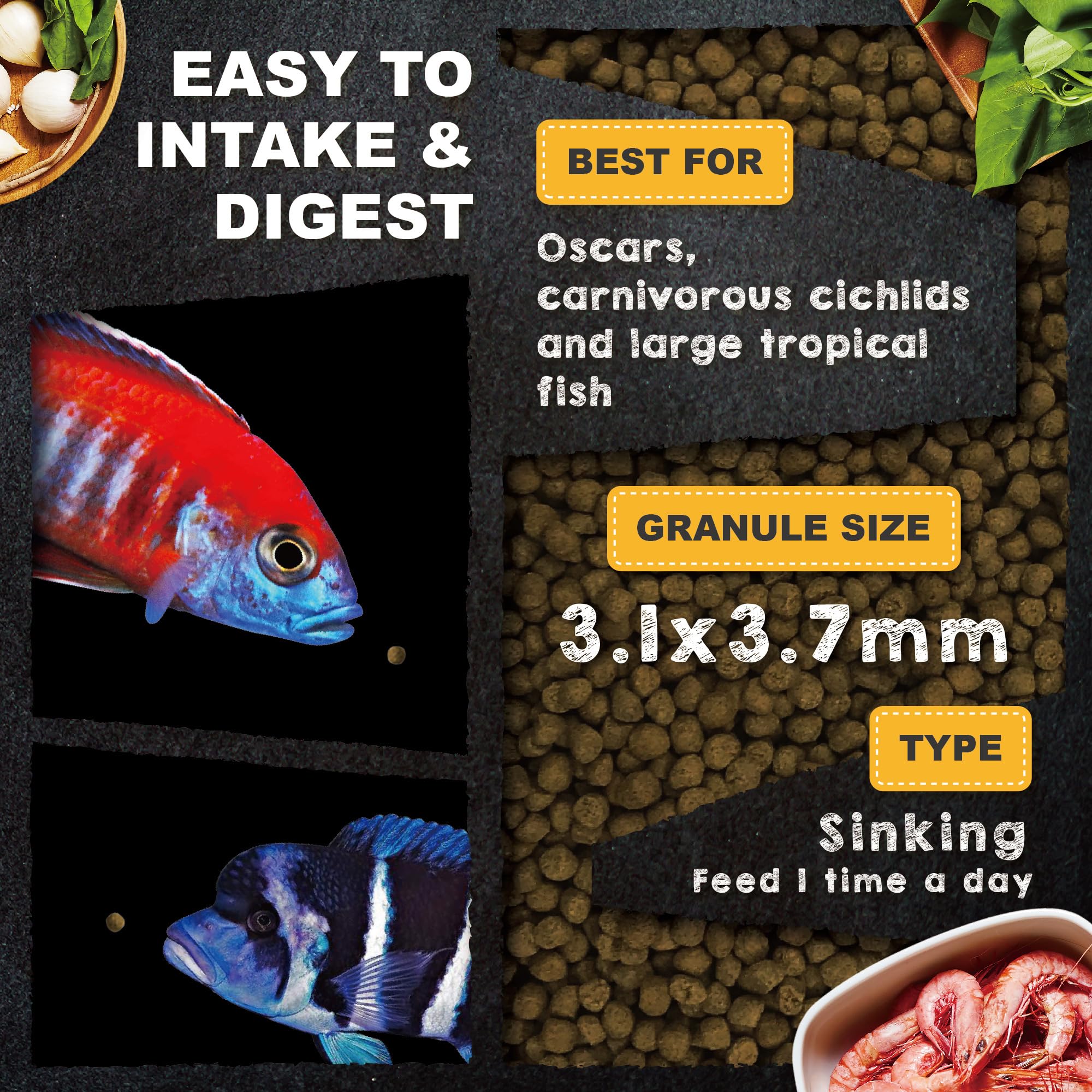 Coloración natural mejorada gracias a algas y espirulina en Ultra Fresh Royal Cichlid.