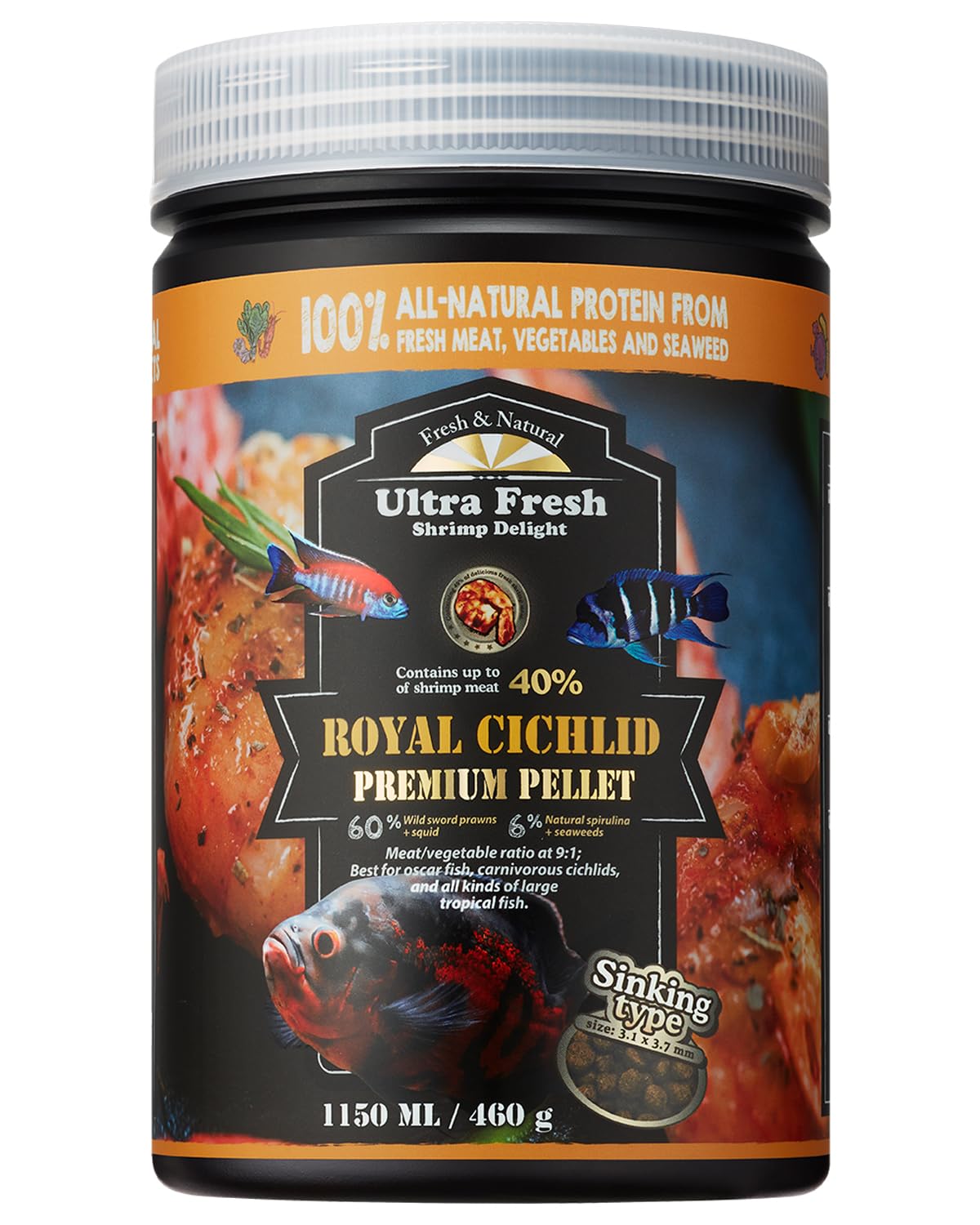 Ultra Fresh Royal Cichlid empaque del alimento premium para peces grandes.