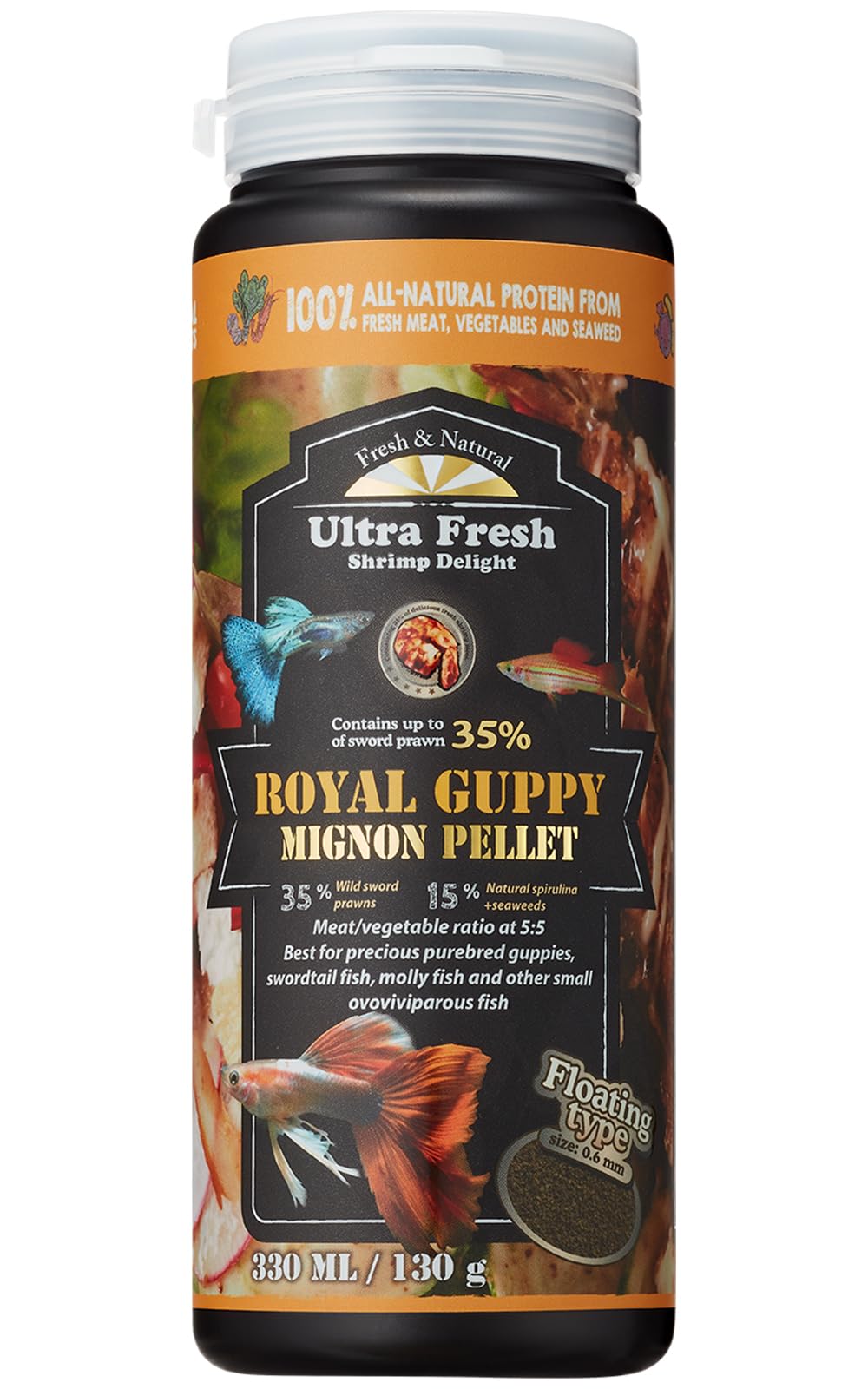 Ultra Fresh Royal Guppy Mignon Pellet: empaque frontal, alimento natural para peces guppy