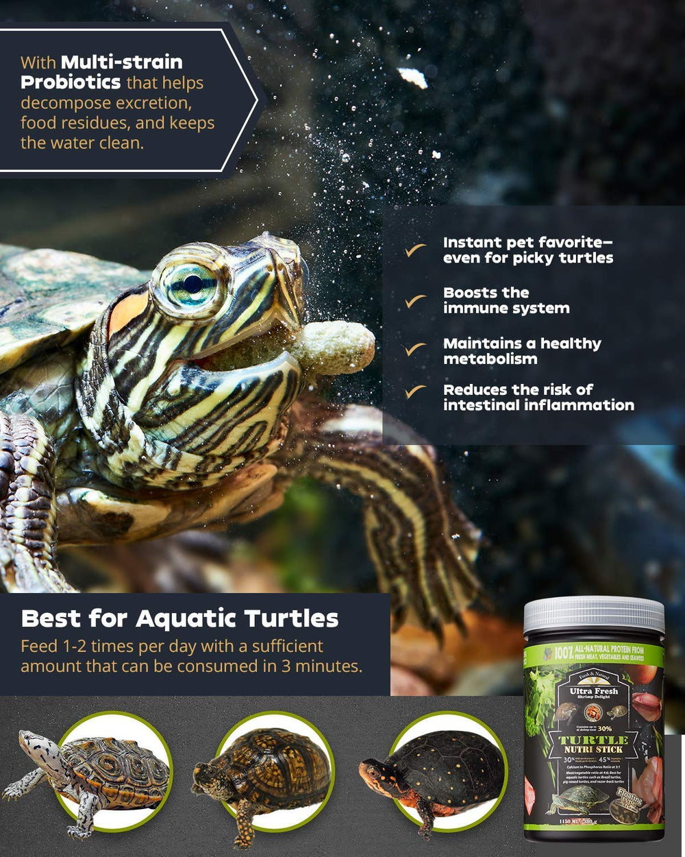Ultra Fresh Turtle Nutri Stick favorece una dispersión estable en el acuario.