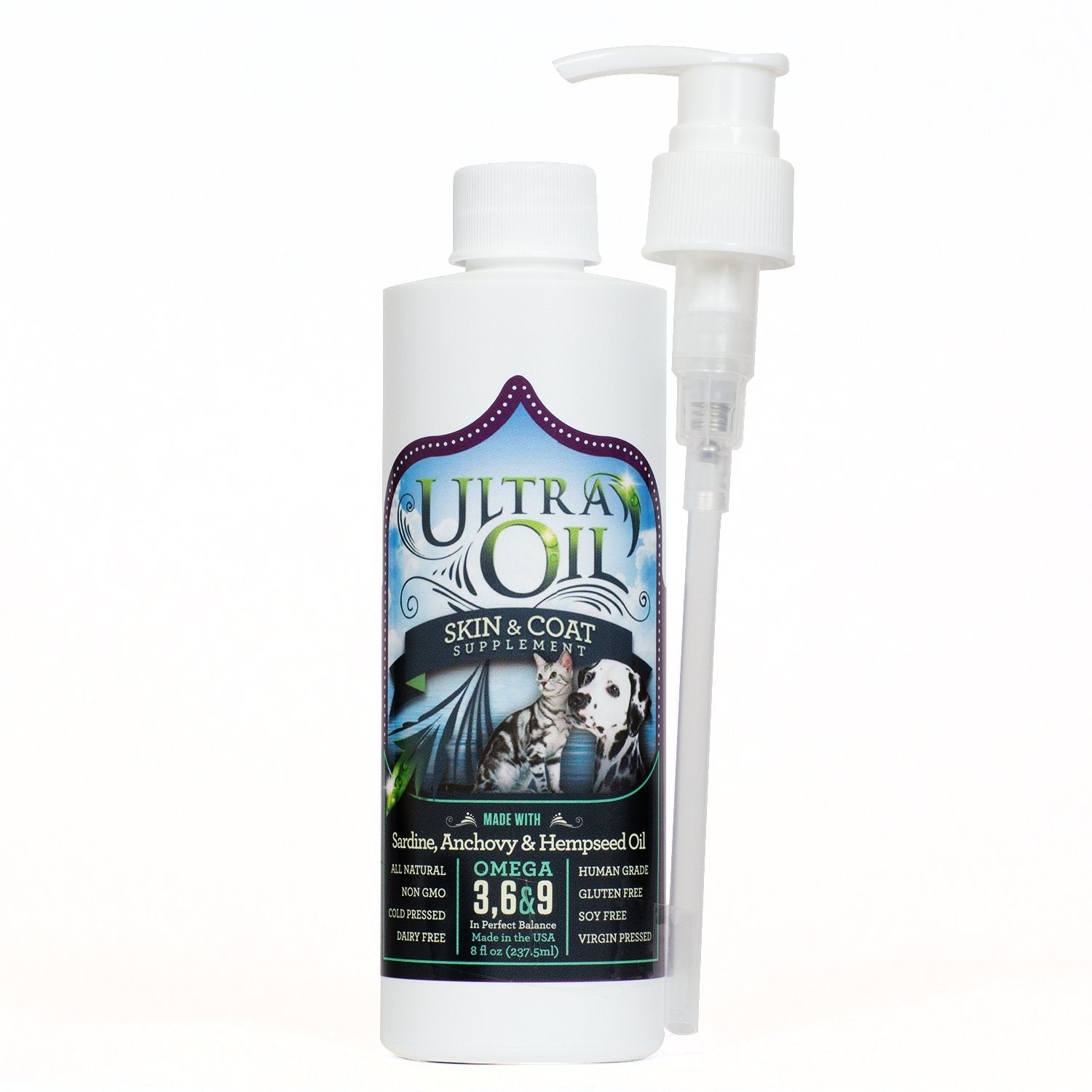 Ultra Oil piel y pelaje: botella enfocada para un pelaje sano.