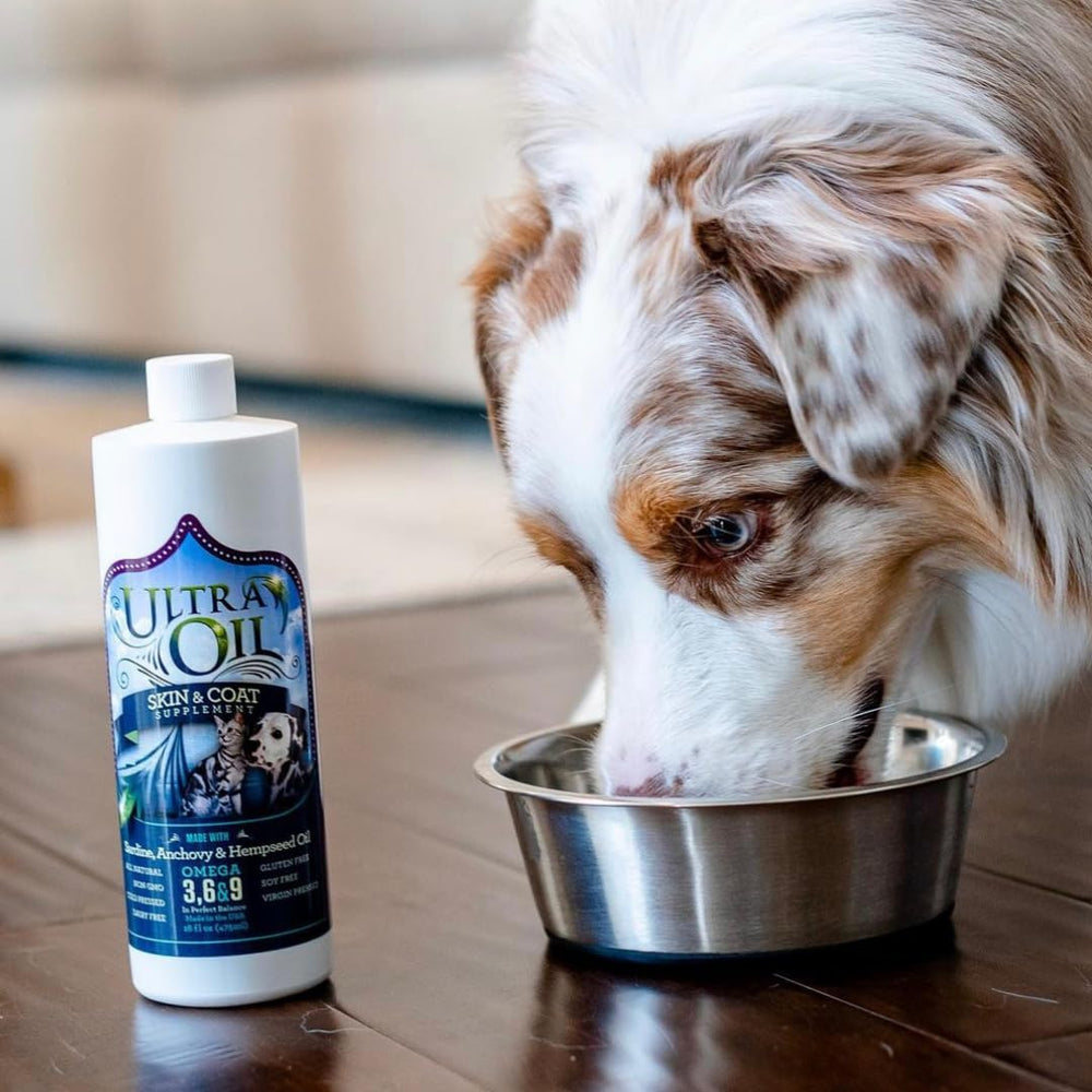 Ultra Oil libre de lactosa y GMO para mascotas sensibles.