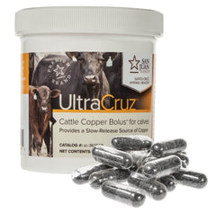 UltraCruz bolus de cobre para ganado, empaque práctico para administración.