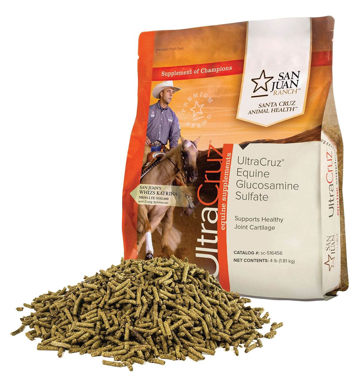 UltraCruz Equine Glucosamina Sulfato: envase con granulos para movilidad diaria del caballo