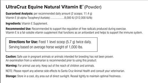 UltraCruz Equine Vitamin E etiqueta clara para identificar el suplemento.