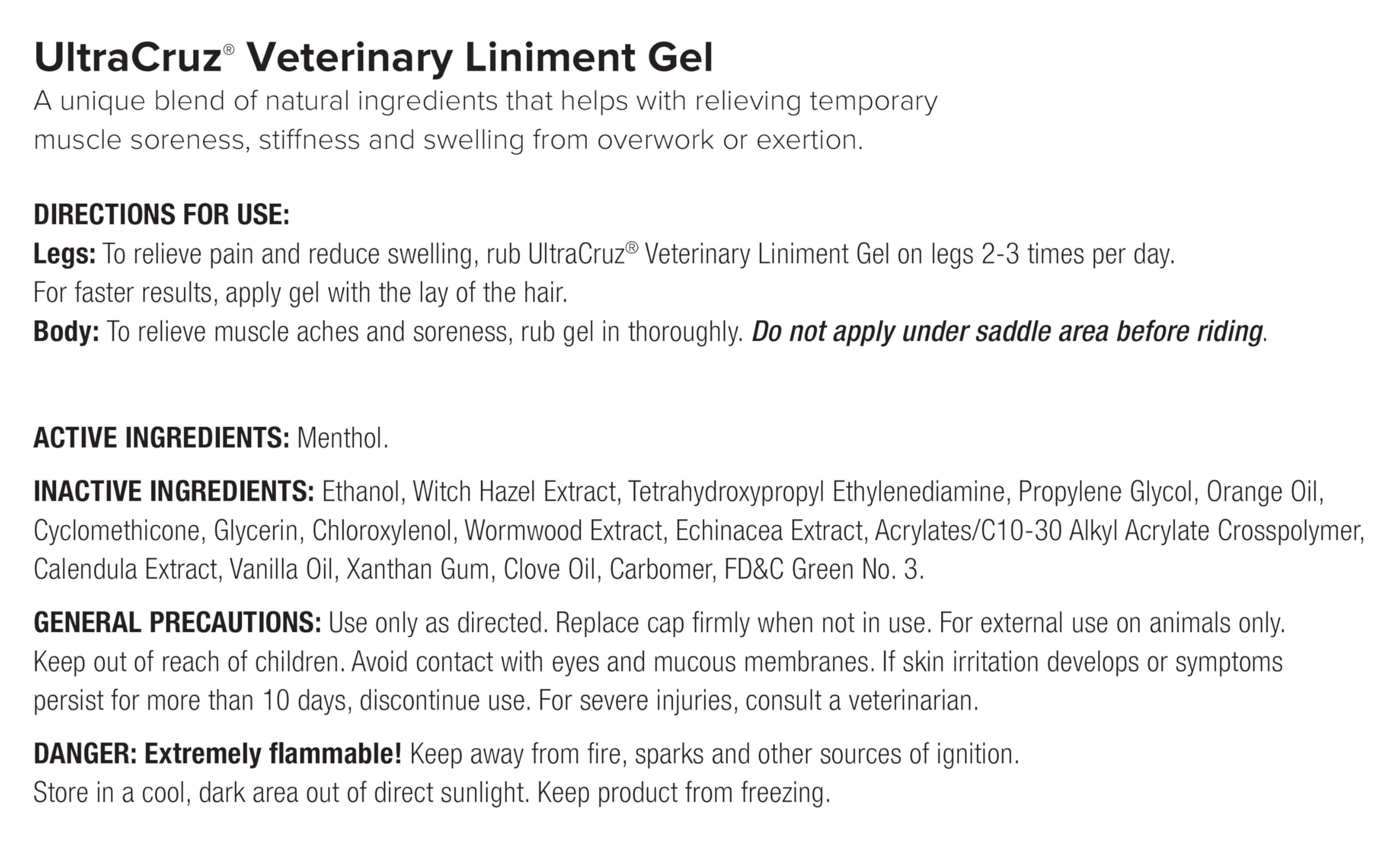 UltraCruz linimento gel para caballos, uso en cortes superficiales y picaduras.