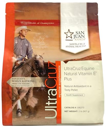 UltraCruz Vitamina E Plus en pellets para caballos, dosificación precisa.