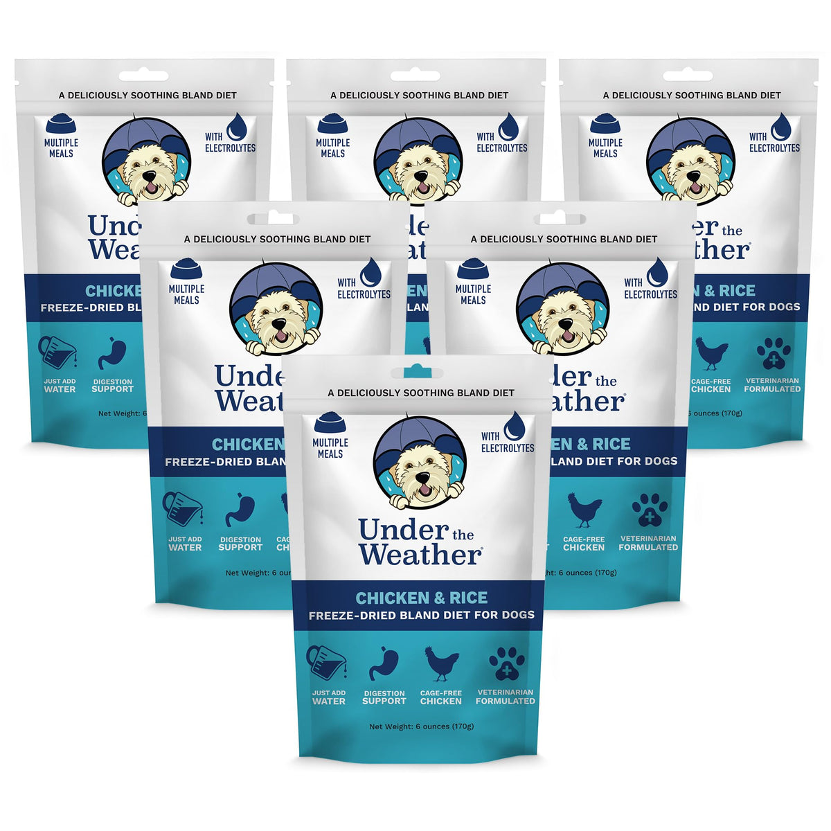 Under the Weather Dieta Blanda para perros, bolsa de 6oz, lista para rehidratar rápidamente.