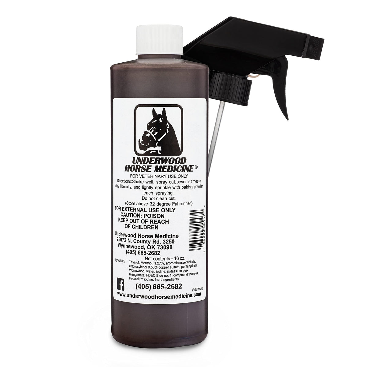 Underwood Horse Medicine botella relleno con pulverizador para tratamiento de heridas externas en caballos.