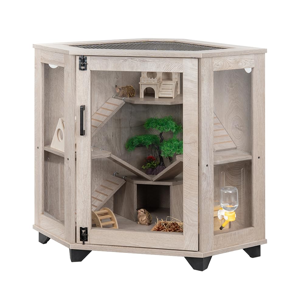 Jaula de esquina Unipaws para chinchillas y erizos con rampa, ahorro de espacio.