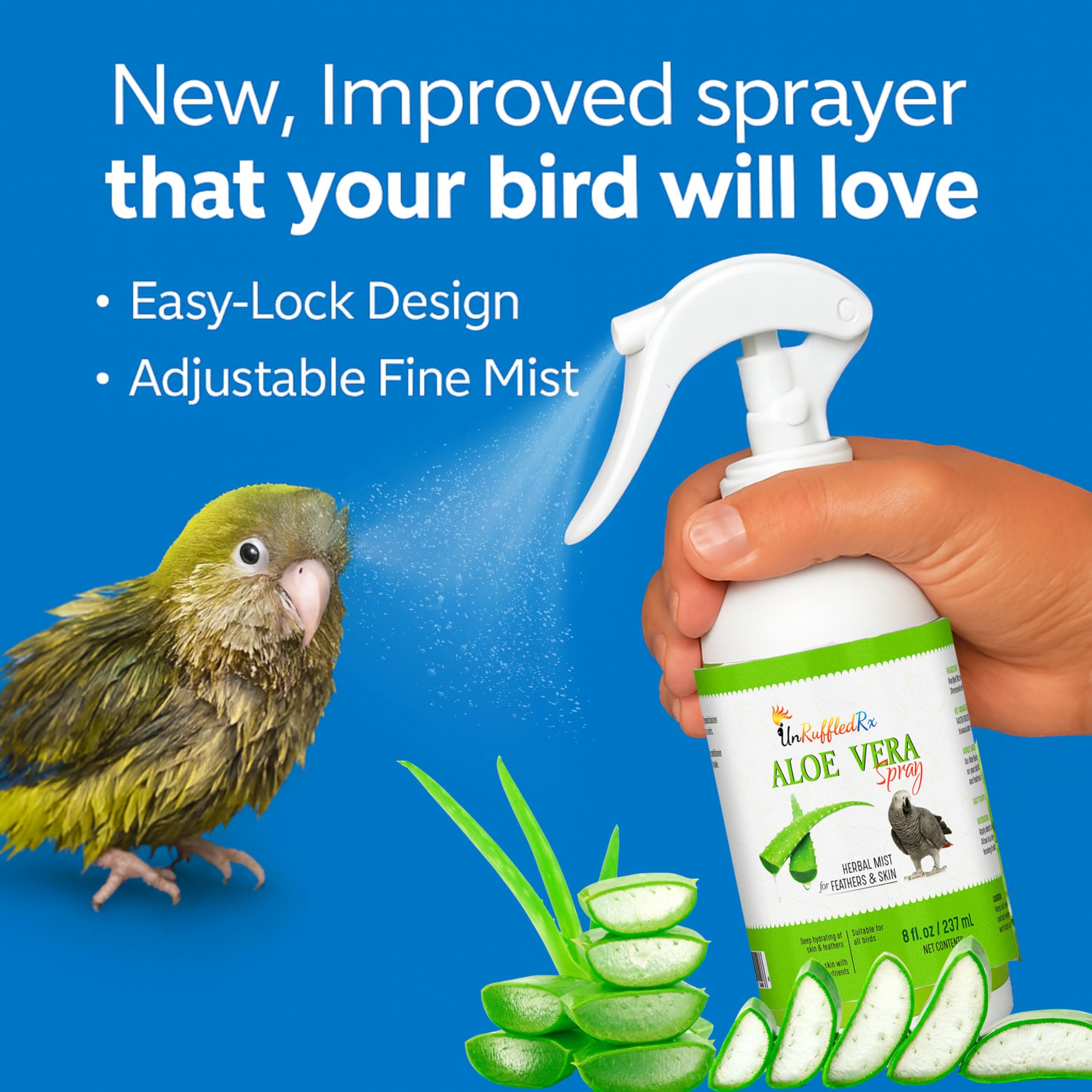 UnRuffledRx Aloe Vera Bird Spray: seguro si se ingiere durante acicalamiento.