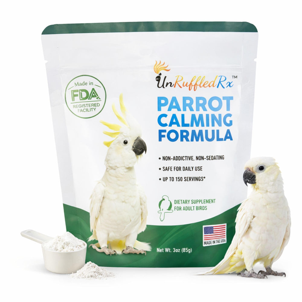 UnRuffledRx fórmula calmante para loros en botella con beneficio de calma suave durante eventos estresantes.