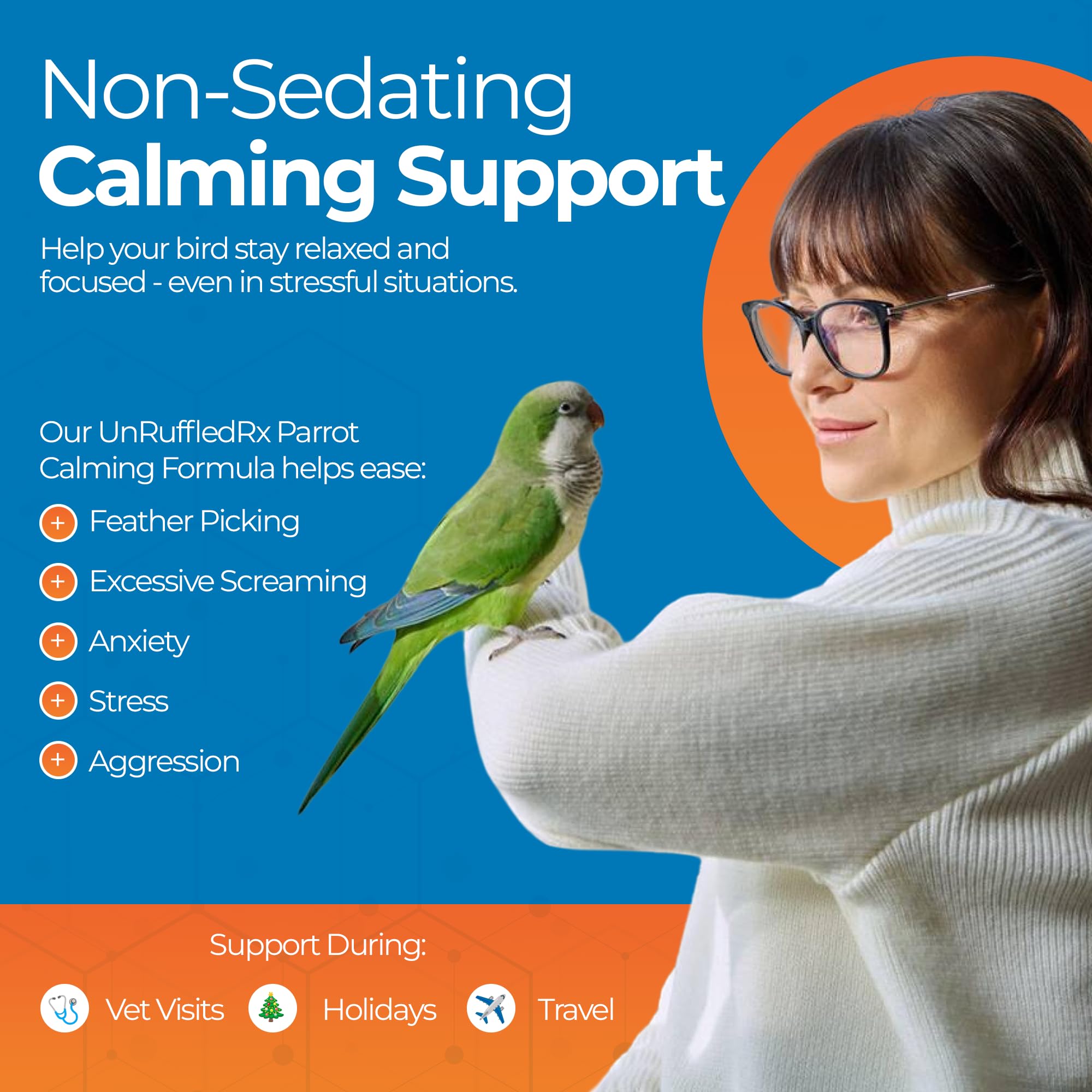 UnRuffledRx con L-teanina y GABA, beneficios calmantes naturales para aves.