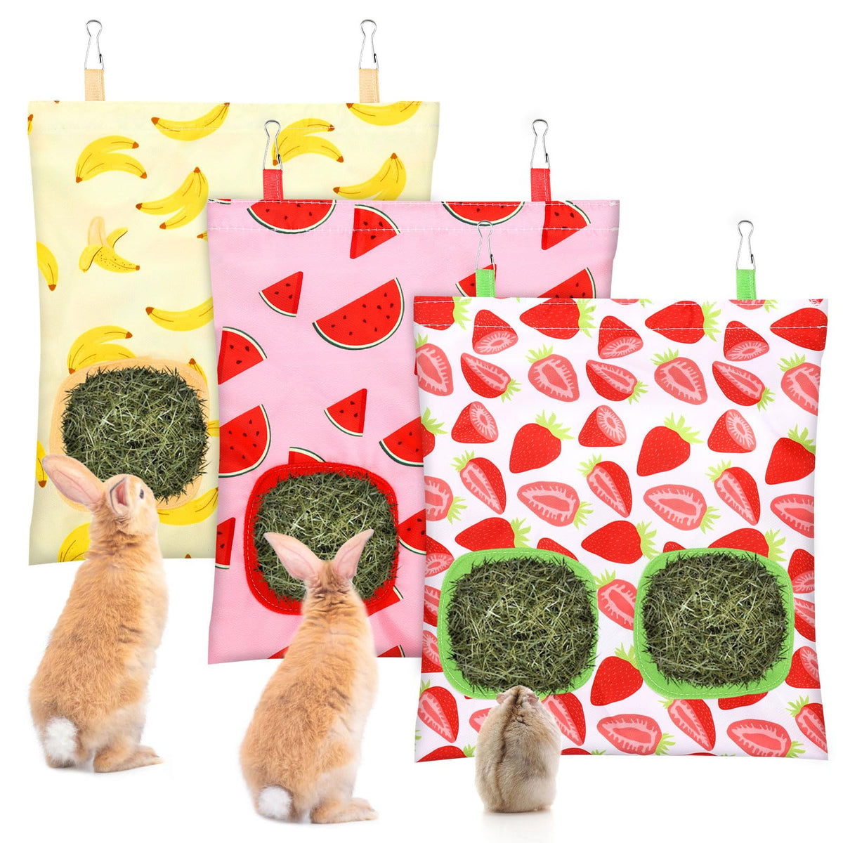 UPINS bolsa de heno con patrón-fruta, ideal para mantener el heno seco y accesible.