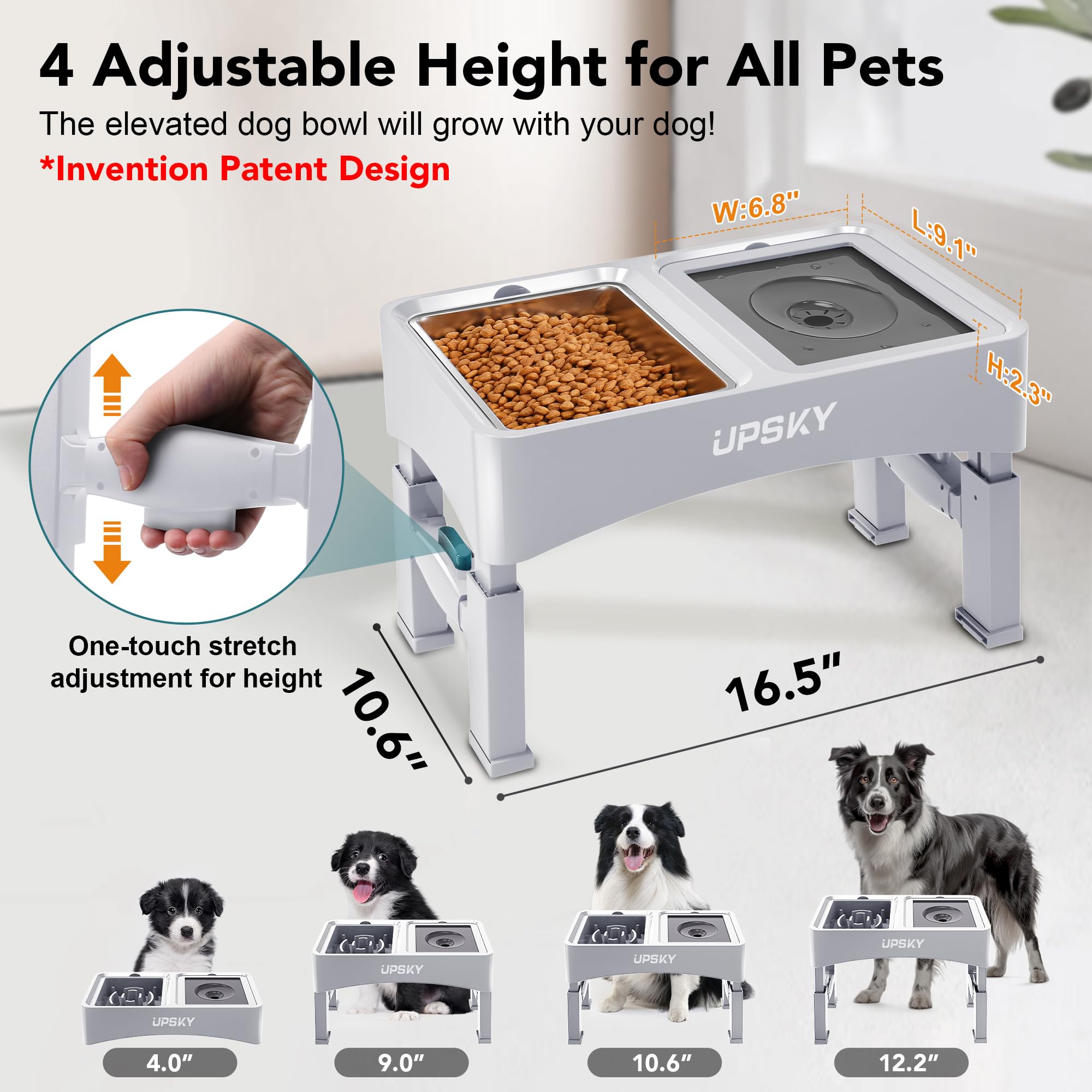 Upsky stand elevable blanco para perros ofrece estabilidad durante la comida