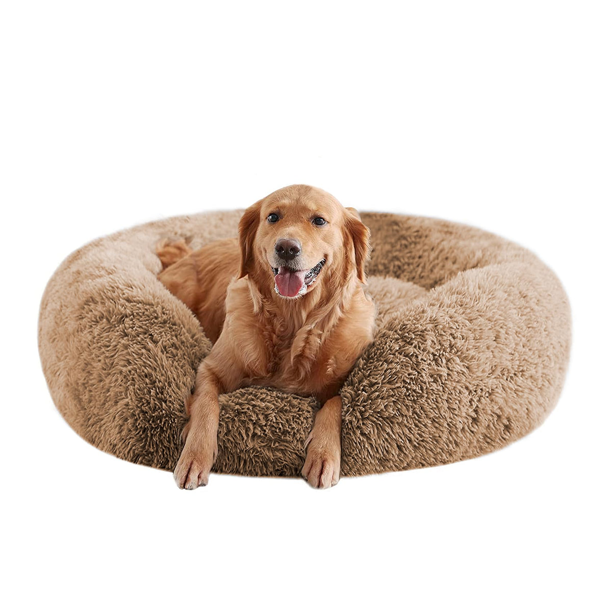 URGVANZ PET cama para perros en forma de rosquilla, vista frontal, soporte para cabeza y cuello.