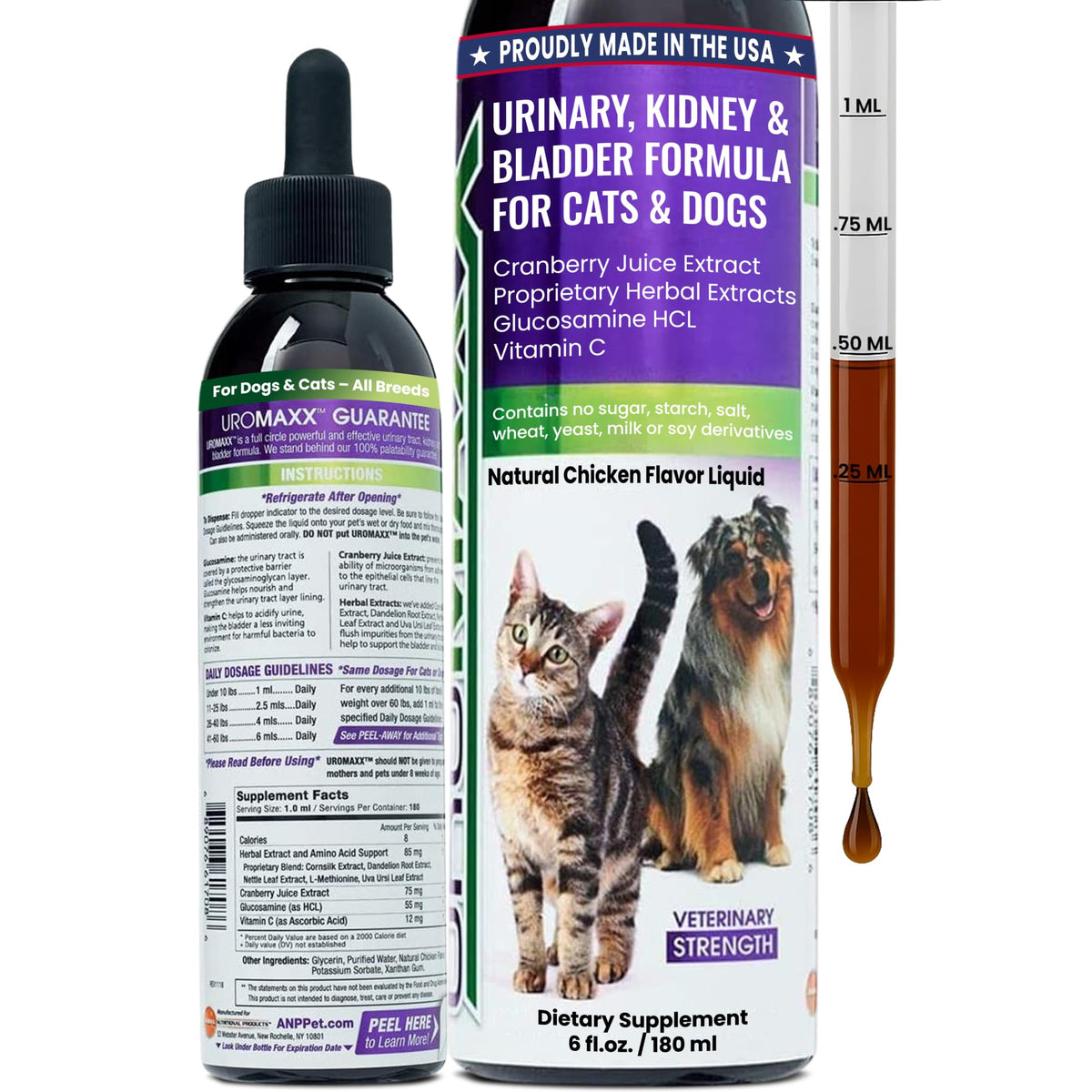 UroMAXX botella sabor pollo: complemento para cuidado urinario de mascotas, fácil de administrar.