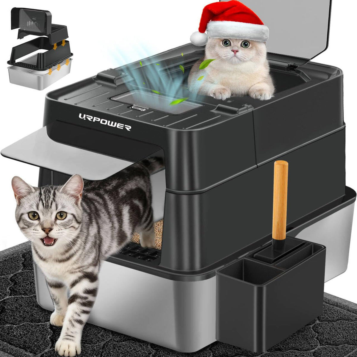 URPOWER caja de arena para gatos con tapa 110 grados, limpieza rápida