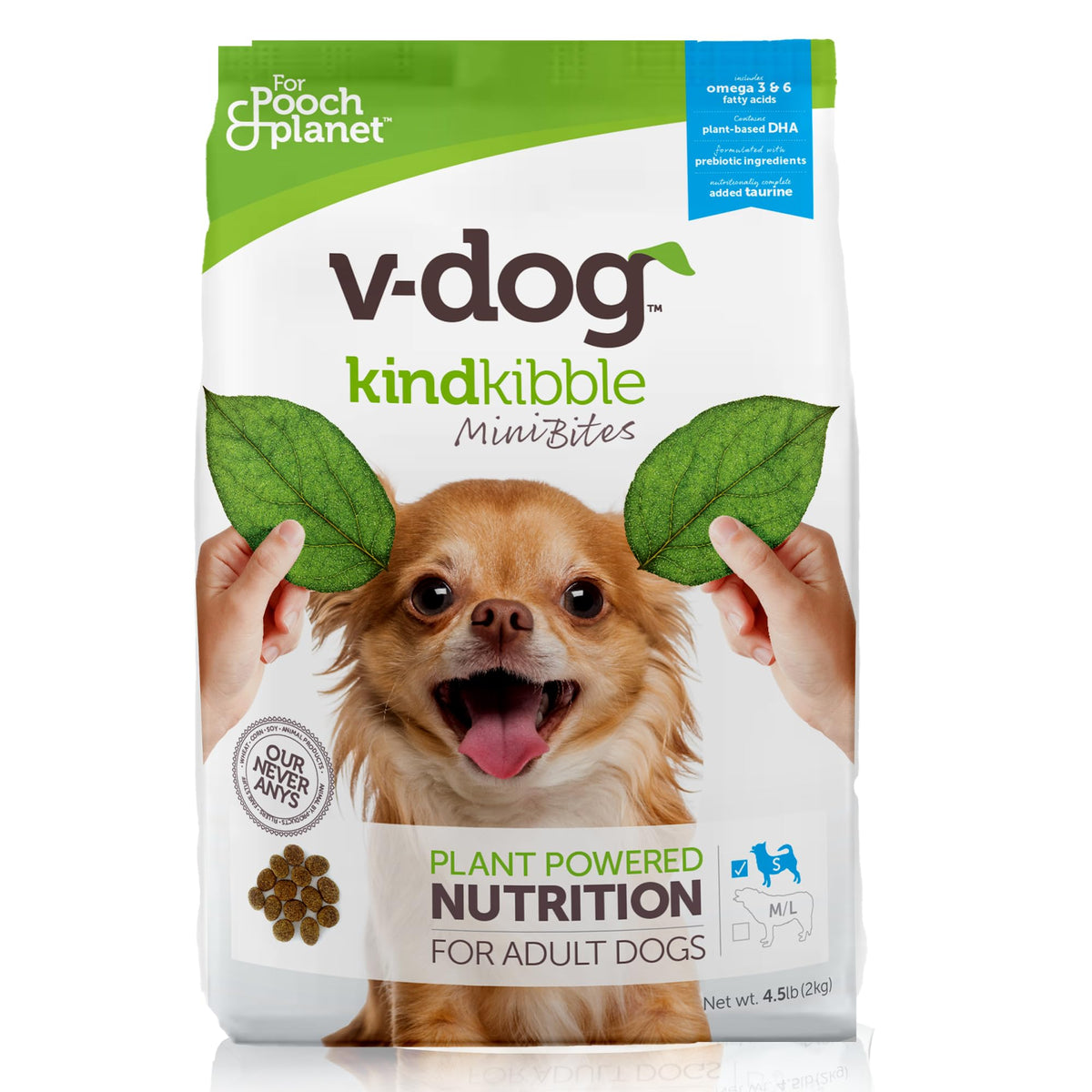 V-dog Vegan Mini Kibble en bolsa de 4,5 lb, ideal para perros pequeños.
