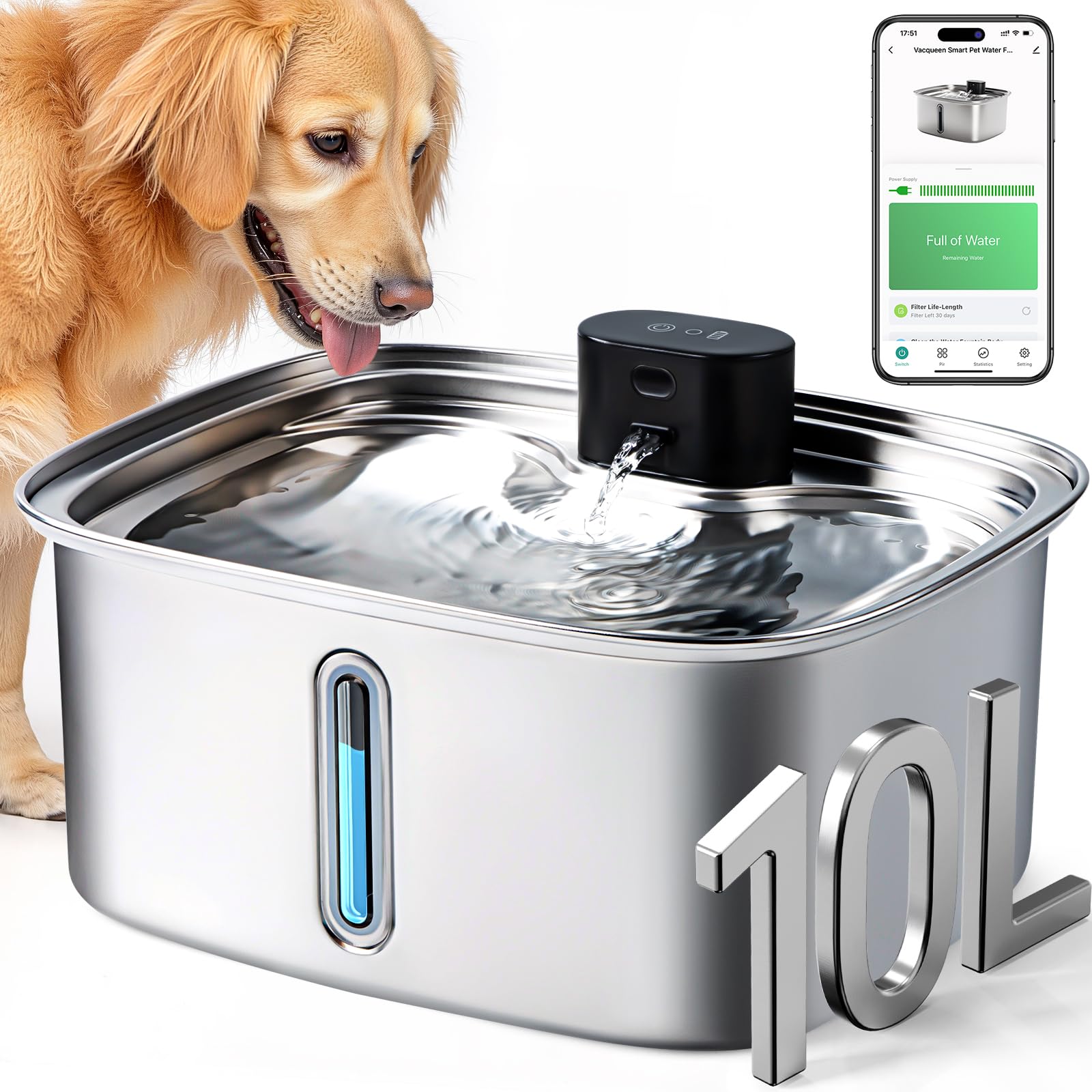 Vacqueen bebedero-perro-grande-10l, gran capacidad para varias mascotas y menos recargas.