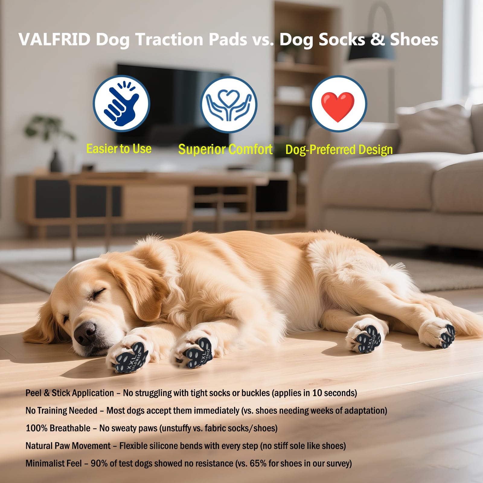 VALFRID-aplicacion-facil-patitas-perro muestra ajuste sencillo.