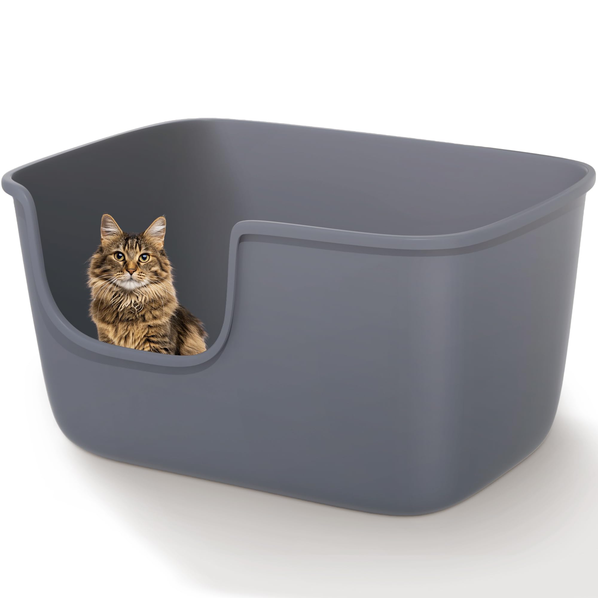 Vealind caja-arena-gato-gris-frente: acceso frontal cómodo para gatos grandes o mayores.