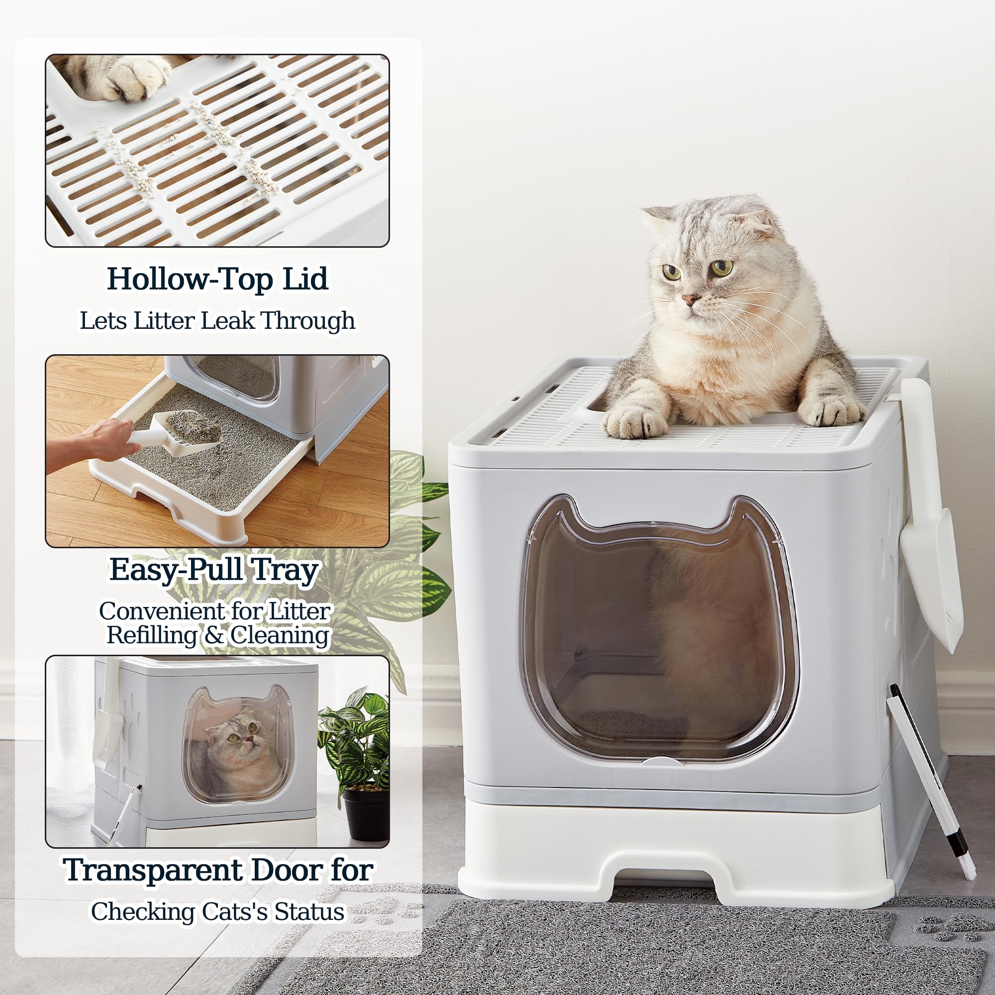 Vealind caja litter con puerta transparente ajustable, monitoriza residuos y ofrece entrada flexible.
