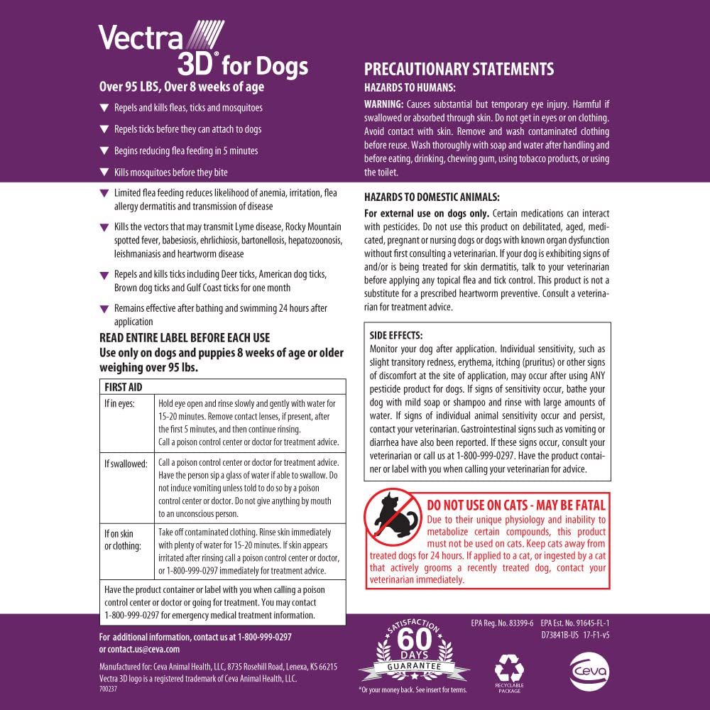 Vectra 3D: protección contra pulgas, garrapatas y mosquitos para perros grandes.