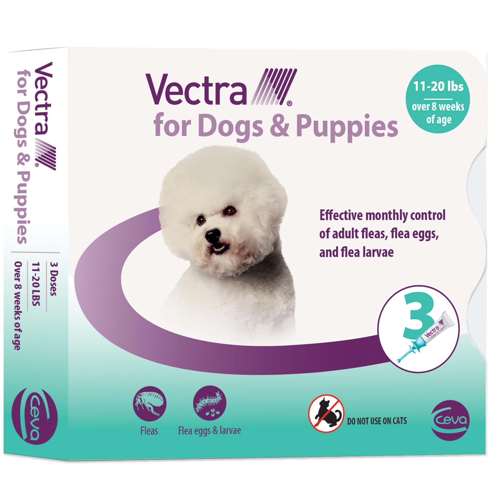 Vectra para perro pequeño: empaque del producto listo para uso y dosis mensual.