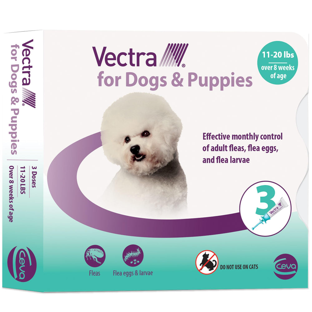 Vectra para perro pequeño: empaque del producto listo para uso y dosis mensual.