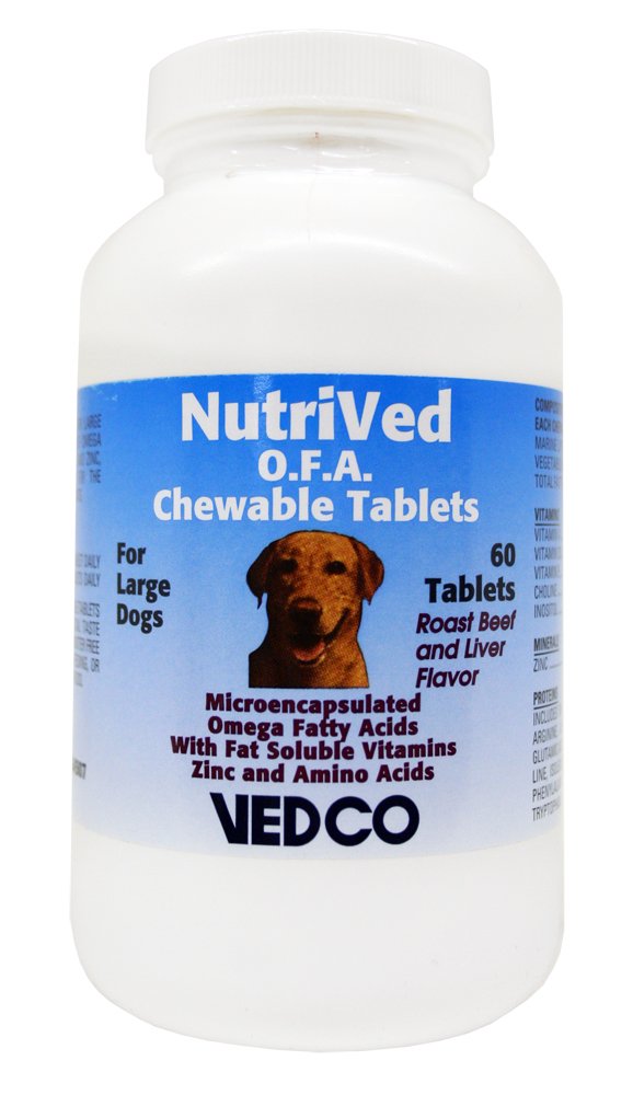 Vedco Nutrived O.F.A. para perro grande, tabletas masticables que apoyan la piel sana y el pelaje.